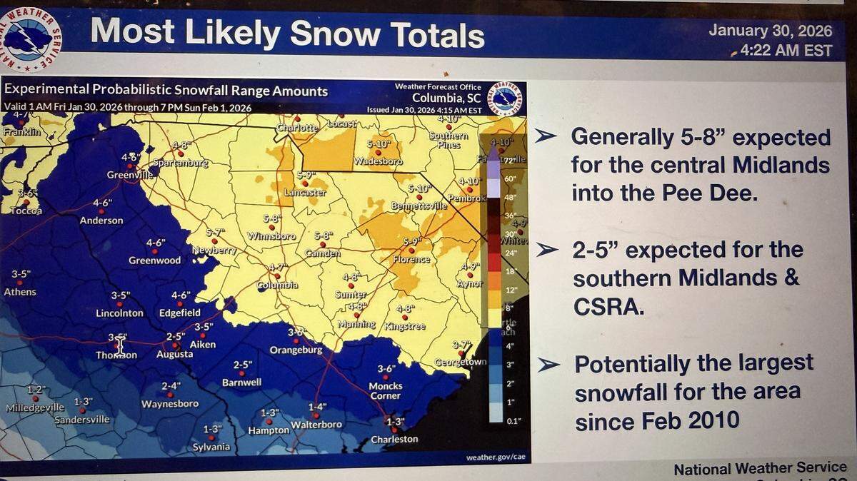 The 4:22 am National Weather Service snow forecast on Friday, Jan. 30, 2026, calls for substantial accumulations of snow in the Midlands beginning Saturday.