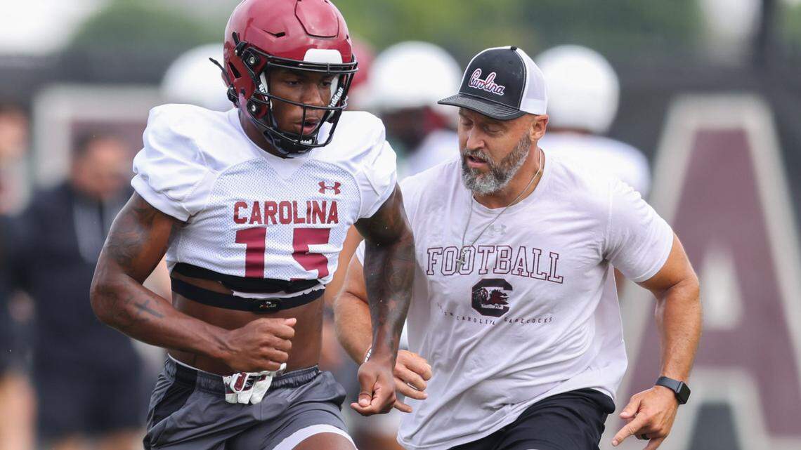 South Carolina wide receiver Dalevon Campbell (15) runs drills during practice in Columbia on Friday, August 9, 2024.