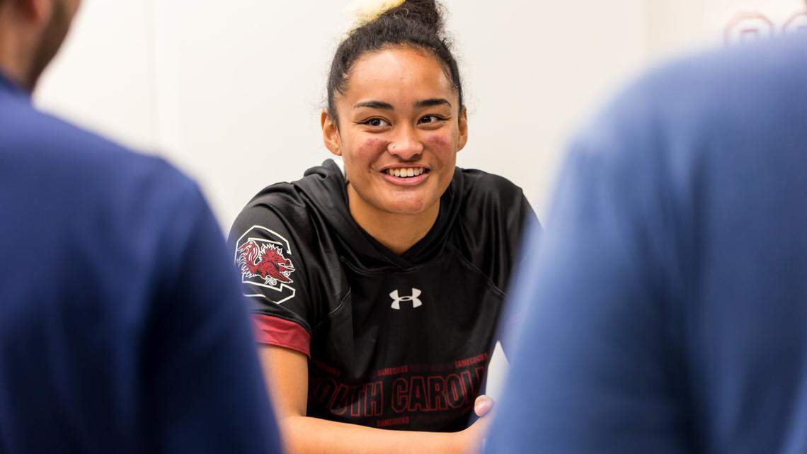 USC women’s basketball newcomer Te-Hina Paopao speaks during a press conference at Carolina Coliseum in Columbia, SC, Sunday, July 5, 2023.