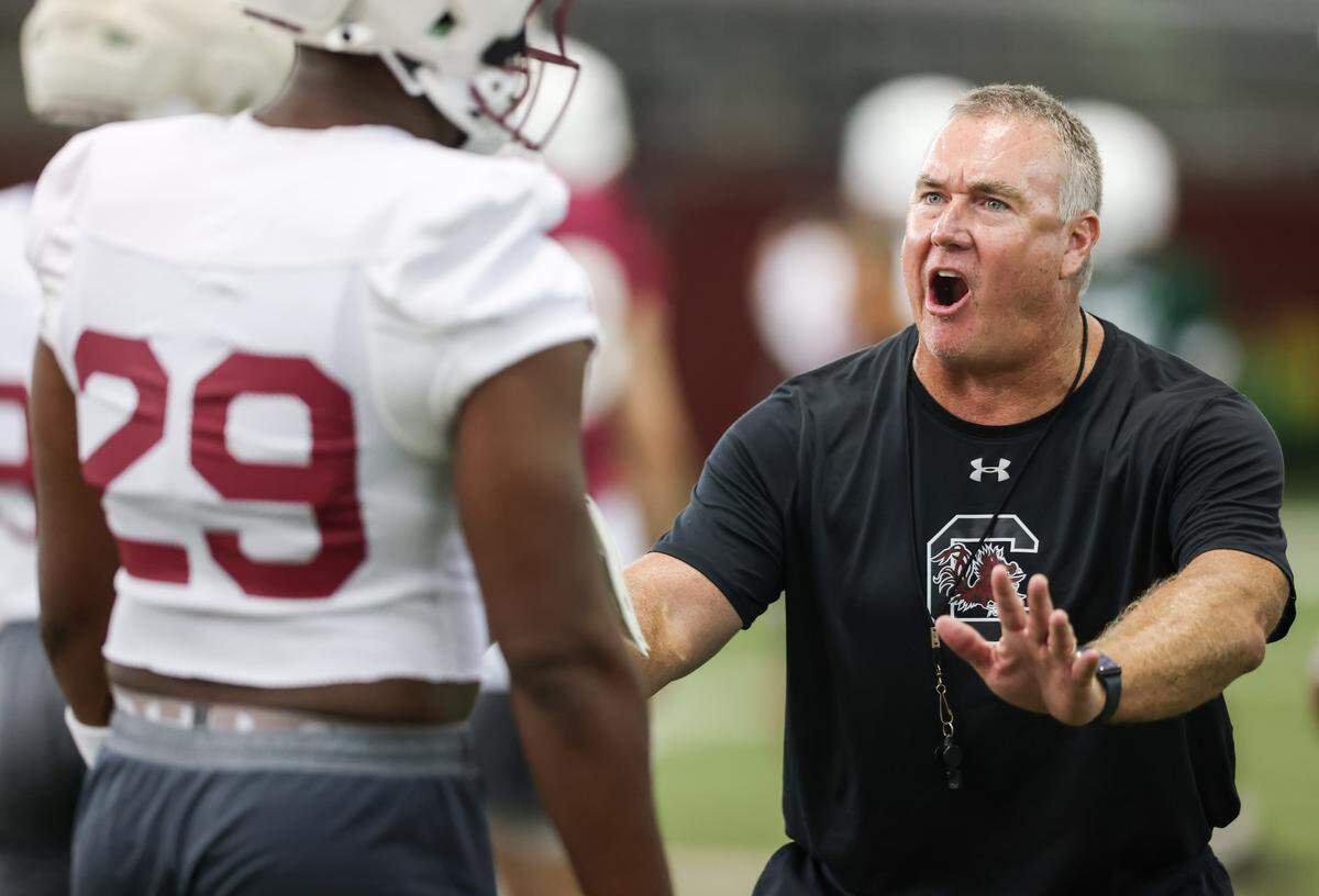 South Carolina tight ends coach Shawn Elliott speaks with linebacker Taeshawn Alston (29) during practice on Aug. 1.