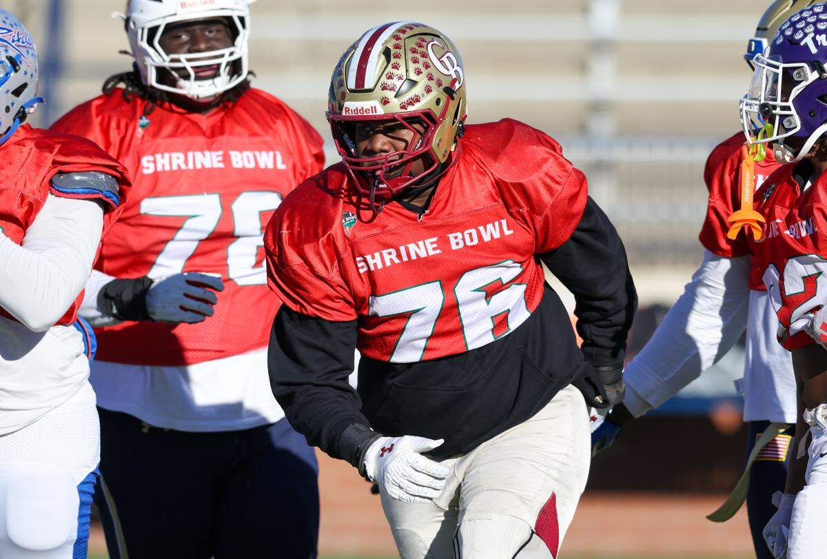 Zyon Guiles (76) of Carvers Bay High School is seen at Spartanburg High School in Spartanburg on Dec. 15, during practice for the Shrine Bowl of the Carolinas.