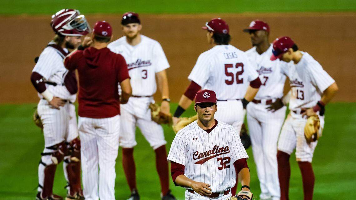 South Carolina Gamecocks pitcher Will Sanders (32) is pulled from the game against the Auburn Tigers during their game at Founders Park in Columbia, SC, Friday, April 28, 2023.