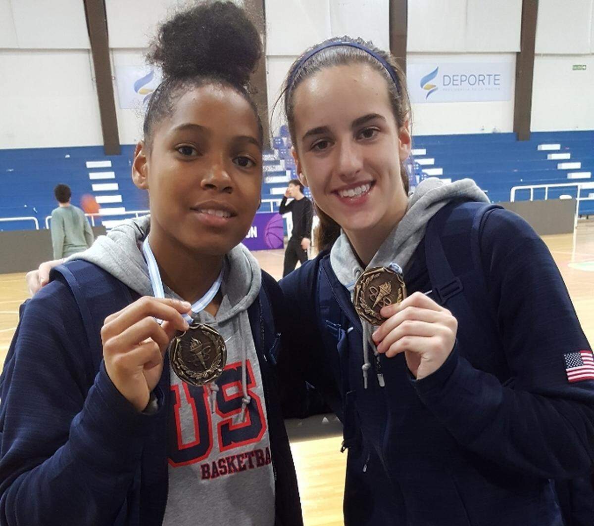 Zia Cooke (left) and Caitlin Clark (right) in Buenos Aires, Argentina as U16 teammates in 2017.