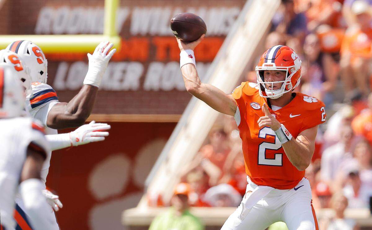Clemson quarterback Cade Klubnik (2) is seen against Syracuse during first-half action in Clemson, S.C on Saturday, Sept. 20, 2025.