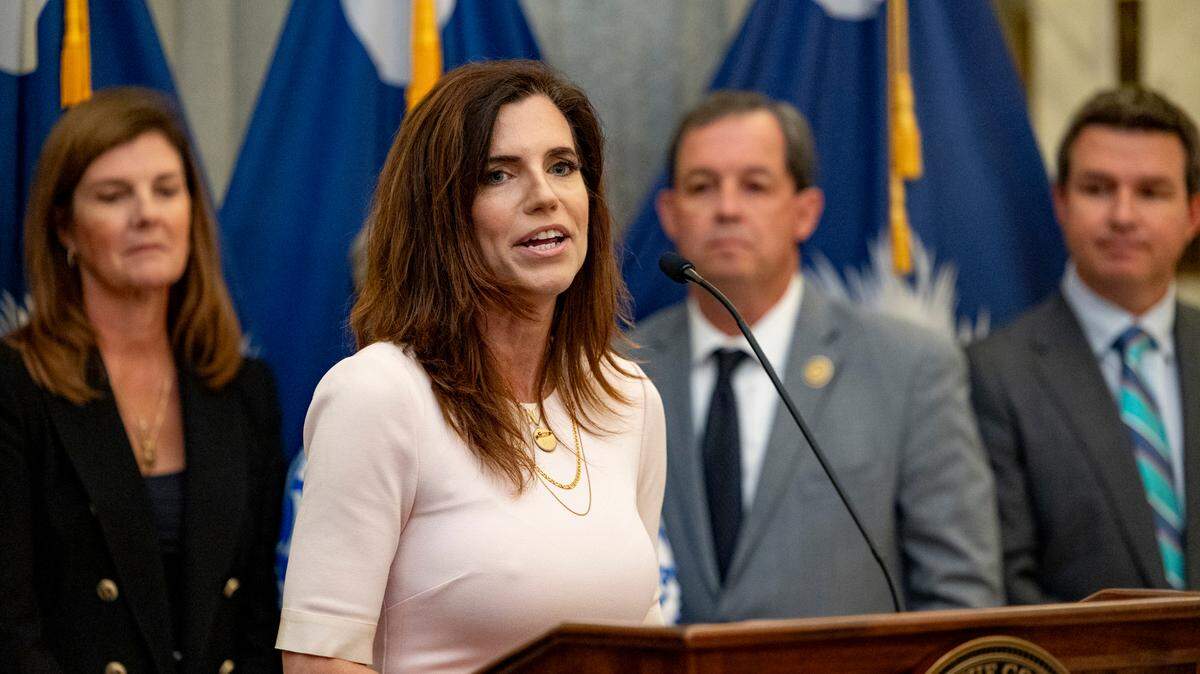 U.S. Rep. Nancy Mace, R-Isle of Palms, speaks about a human trafficking victim protection bill before a ceremonial bill signing in the lobby of the State House on Thursday, Aug. 15, 2024.