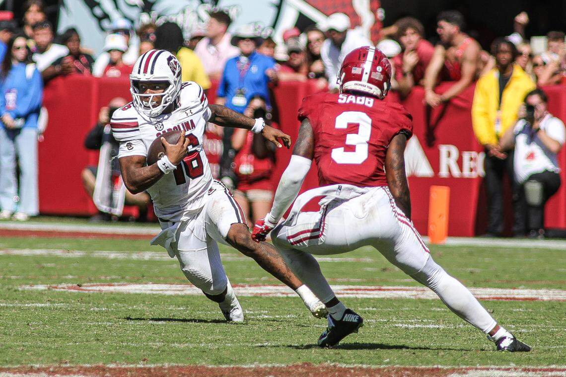 South Carolina’s LaNorris Sellers during Saturday’s game against Alabama in Bryant-Denny Stadium.