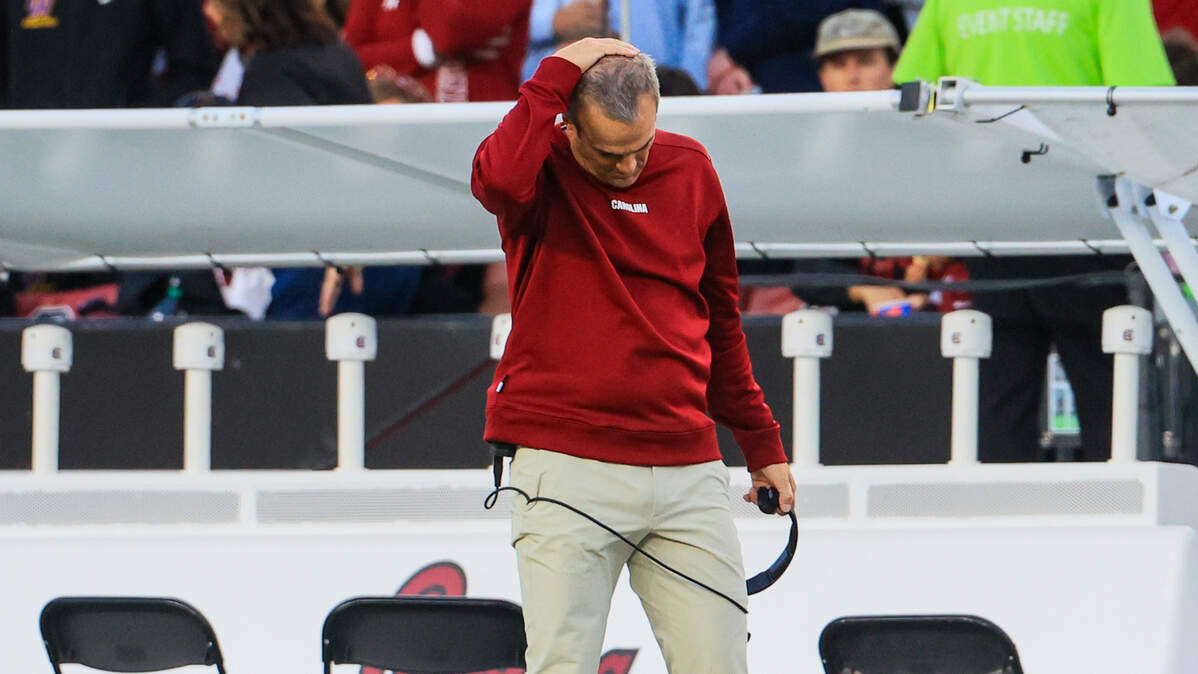 South Carolina head coach Shane Beamer looks down during the game against Alabama at Williams-Brice Stadium on Saturday, October 25, 2025.