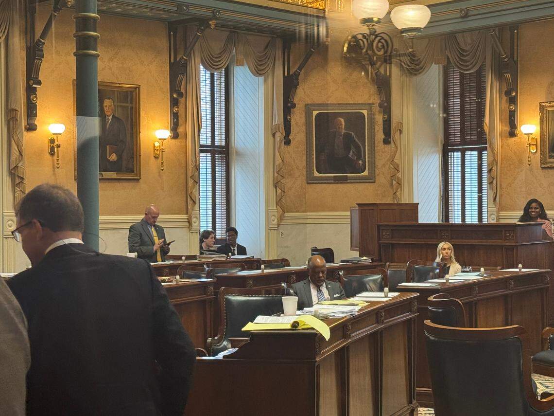 State Sen. Tom Fernandez, R-Dorchester, stands in the state Senate chamber while the body was at ease after comments he made during a tort reform debate on Tuesday, March 4, 2025.