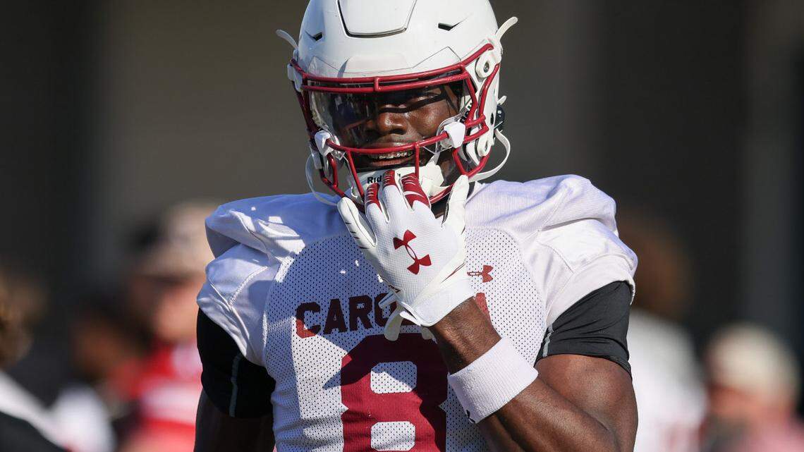 South Carolina wide receiver Nyck Harbor (8) practices during the Gamecocks’ first day of spring practice in Columbia on Wednesday, March 19, 2025.