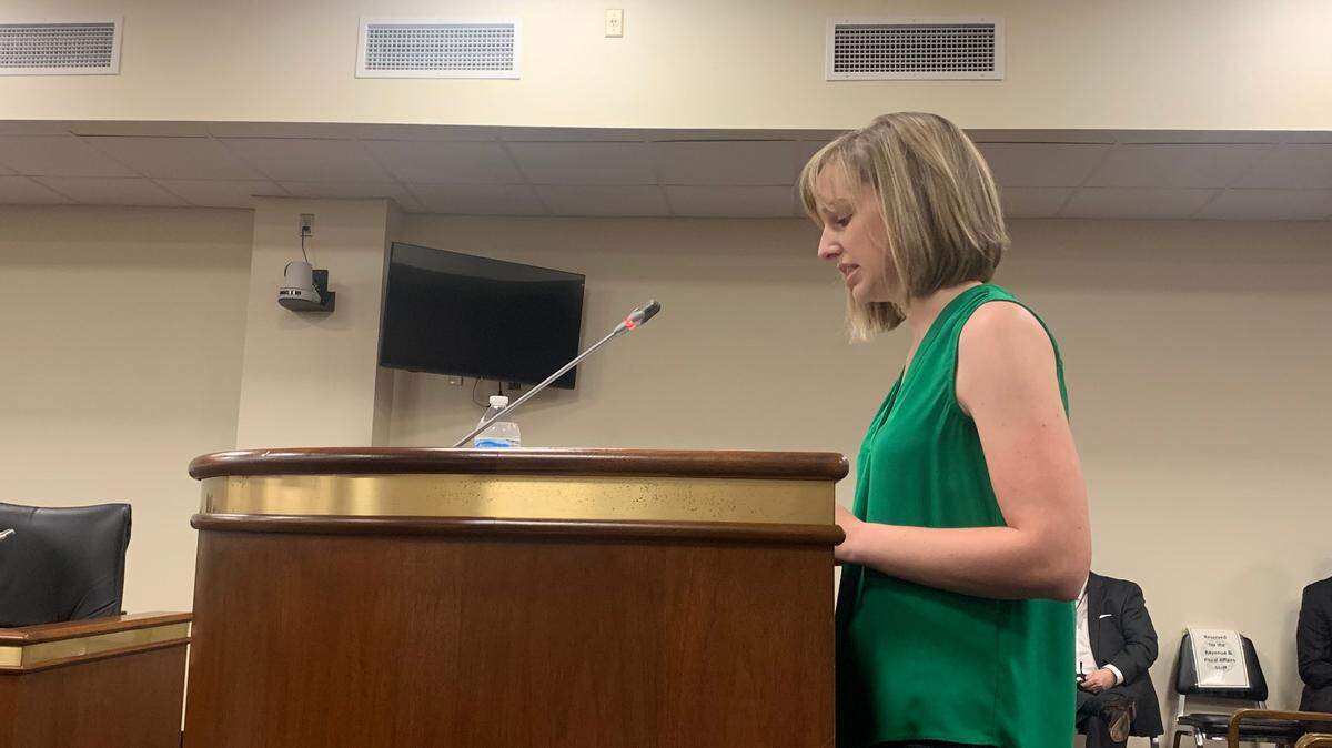 Greenville County middle school teacher Erin Rigot speaks about the need for paid parental leave for school employees during a Ways and Means subcommittee meeting on Tuesday, March 28, 2023.