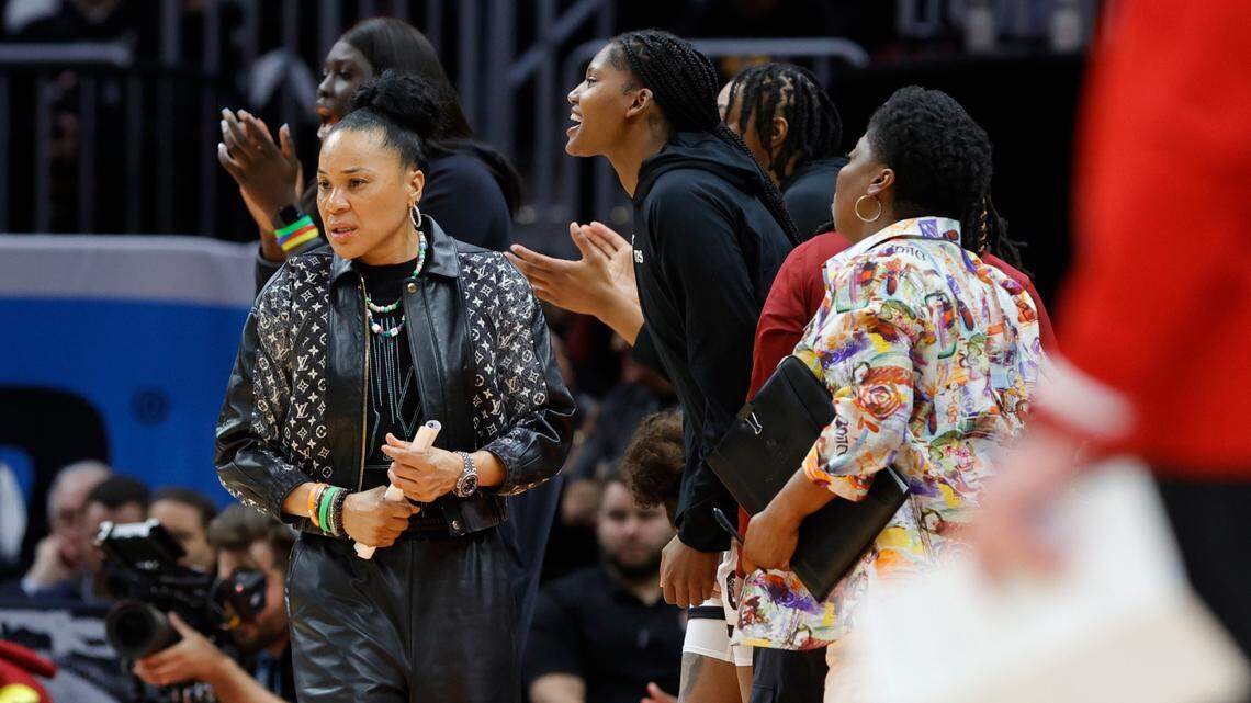 University of South Carolina Head Coach Dawn Staley watches her team during the Final Four game at Mortgage FieldHouse in Cleveland, Ohio on Friday April 5, 2024.
