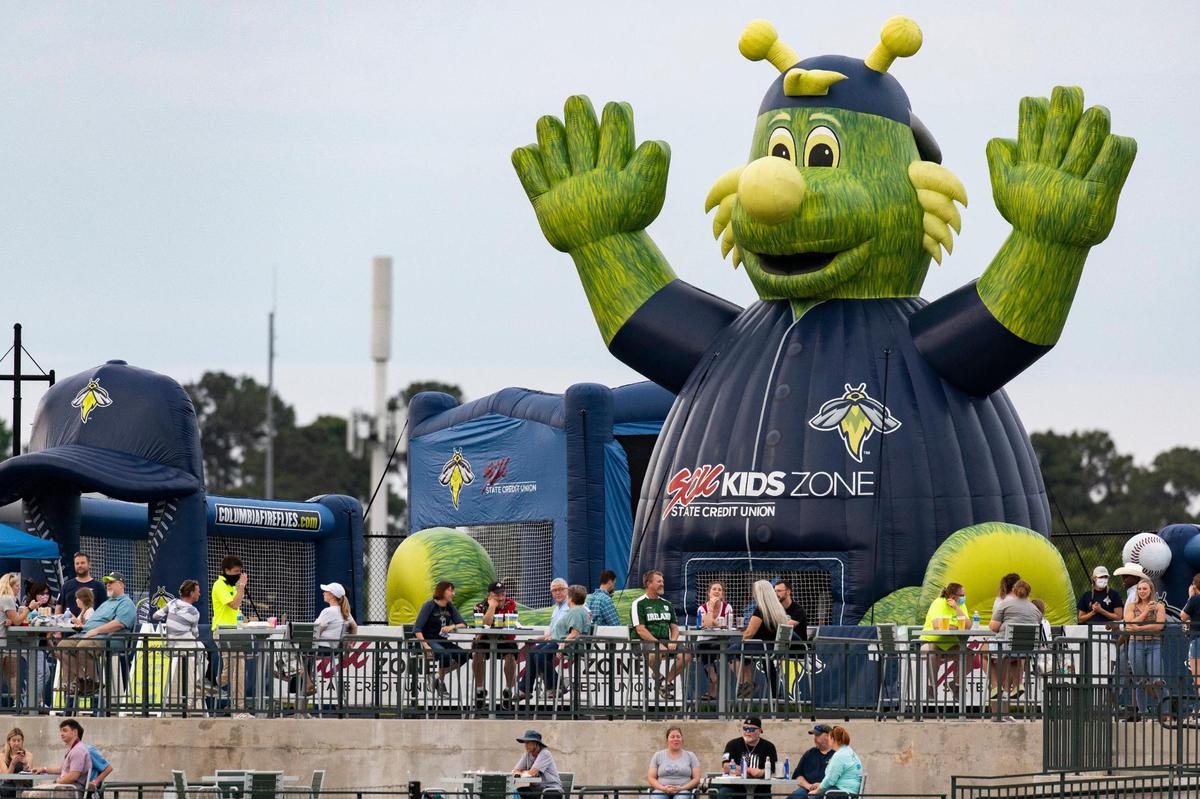 The SCU Kids Zone has inflatable areas for kids to play while the Columbia Fireflies play the Charleston RiverDogs at Segra Park.
