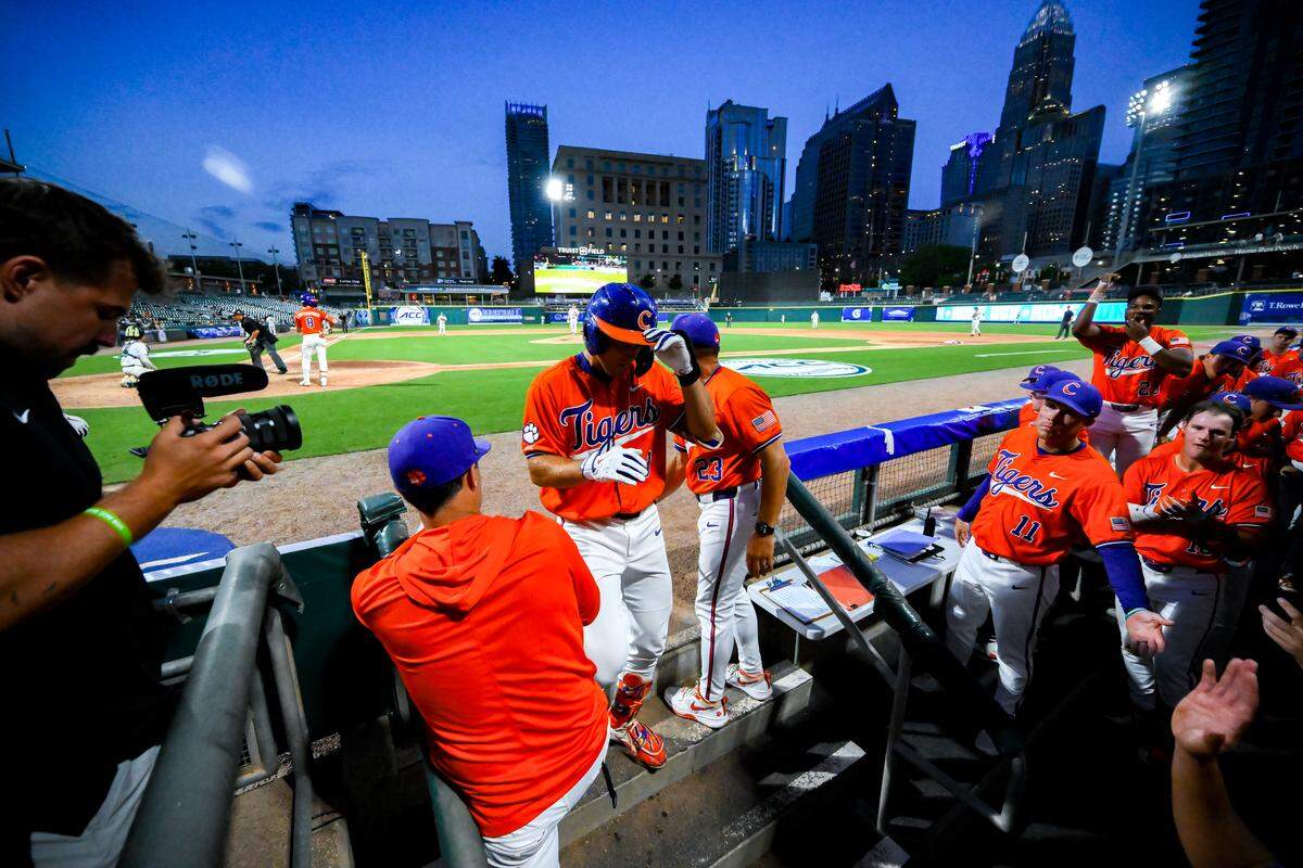 Clemson baseball’s dugout at Truist Field during its season-ending loss to Notre Dame on Tuesday in the first round of the ACC Tournament in Charlotte