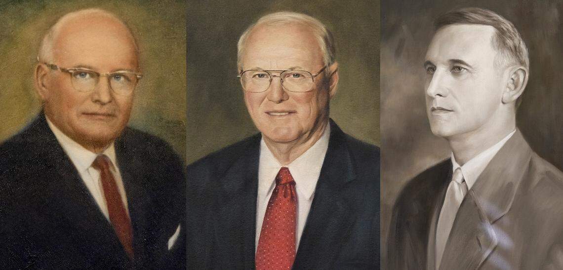 This photo montage of portraits show Randolph “Buster” Murdaugh Jr., from left, Randolph Murdaugh III and Randolph Murdaugh Sr., which all hang in the General Sessions Courtroom A in Hampton County’s Courthouse in Hampton, S.C. The three generations of Murdaugh each served as solicitor for the 14th circuit starting in 1920 and ending with Murdaugh III serving until 1987.