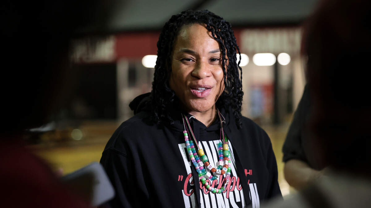 University of South Carolina Head Coach Dawn Staley talks withe members of the media after practice on Monday, Oct. 14, 2024