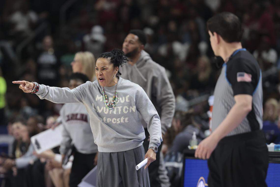 South Carolina's head coach Dawn Staley reacts to a call during the first half of action of their women's basketball game in the SEC Tournament, against LSU at the Bon Secours Wellness Arena on Saturday, March 7, 2026.