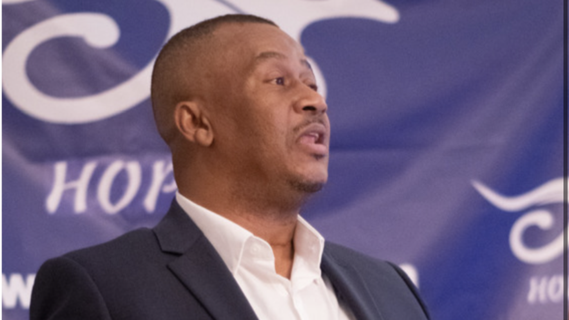 Ron McKnight speaks at a launch party in Columbia, SC for his new app, HOPIN, that allows passengers to book rides through the app.