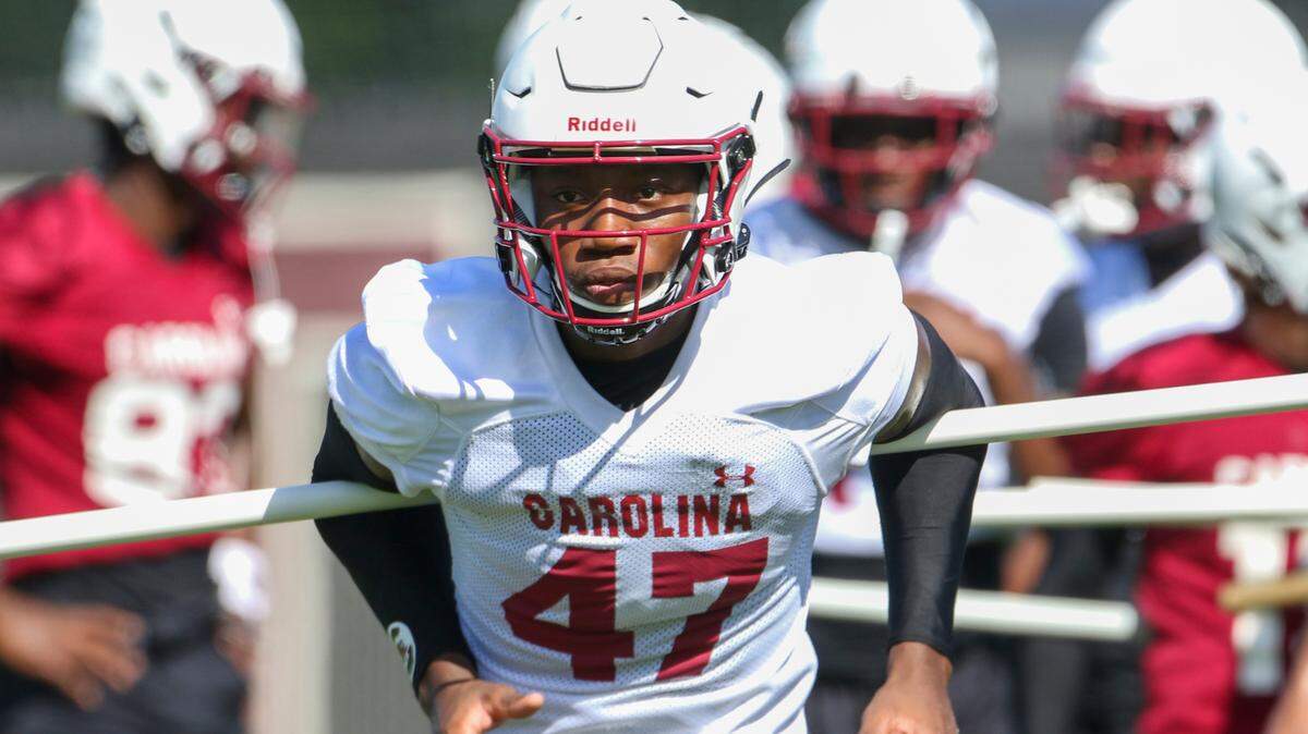 University of South Carolina’s King-Demenian Ford (47) runs drills during the team’s first practice on Friday, Aug. 5, 2022.