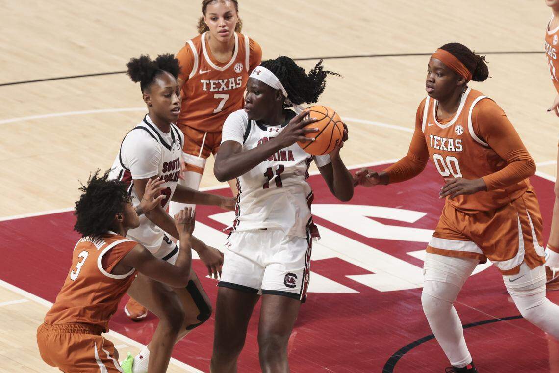 South Carolina's Madina Okot (11) snags a rebound during the first half of action of their women's basketball game against Texas at Colonial Life Arena on Thursday, Jan. 15, 2026.