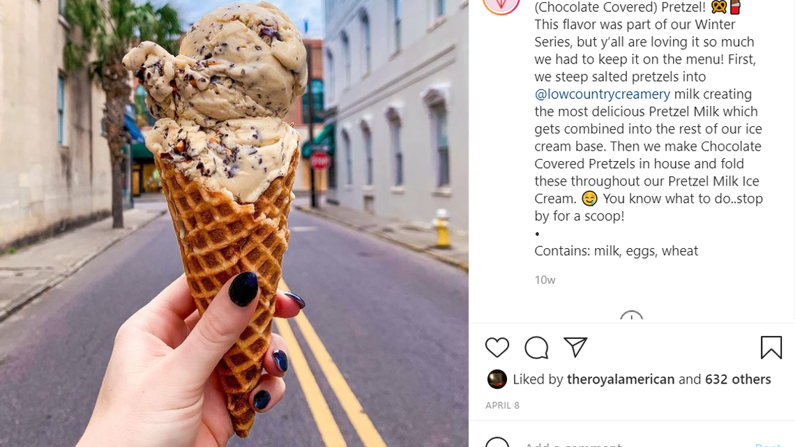 In this Instagram post from Off Track Ice Cream, a lucky eater shows off two scoops of the Salted Pretzel flavor. The downtown Charleston shop was named the best ice cream in South Carolina by Food & Wine.