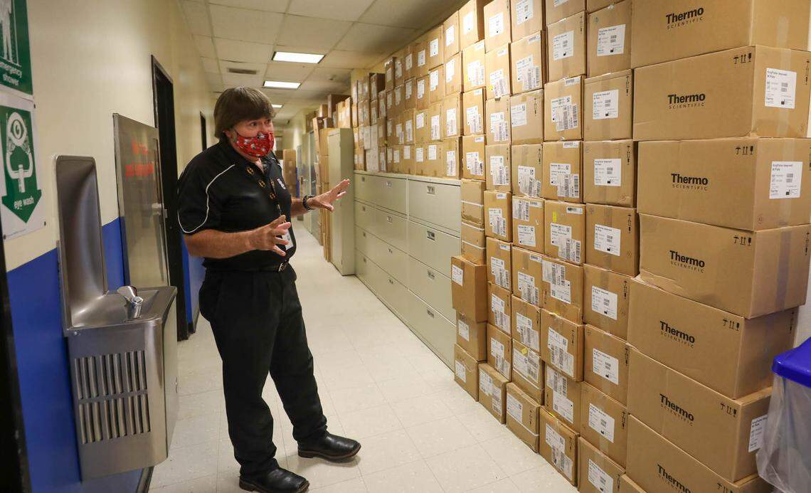 All of the hallways in the DHEC lab are crowded with storage of files and testing materials. Logistic division director David Rivers gives a tour of the aged building. The DHEC lab was built between 1976-79.