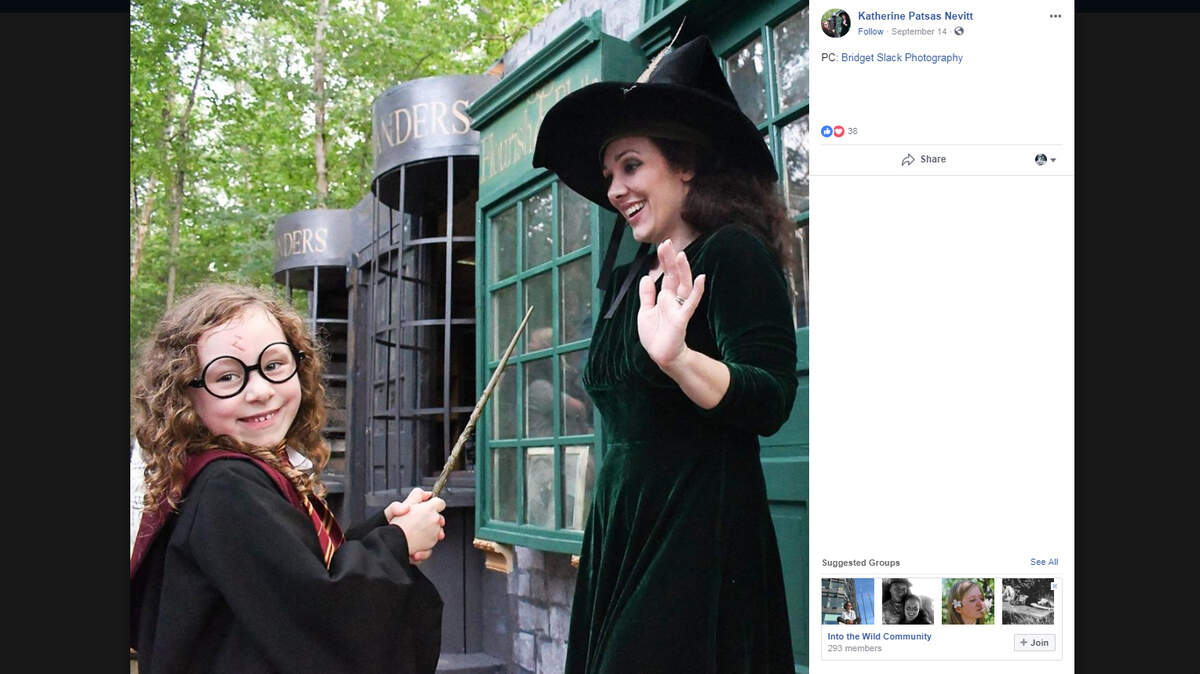 This screenshot shows 6-year-old Vivienne Patsas-Nevitt and her mother Katherine in the recreation of an iconic Harry Potter scene built in their backyard.