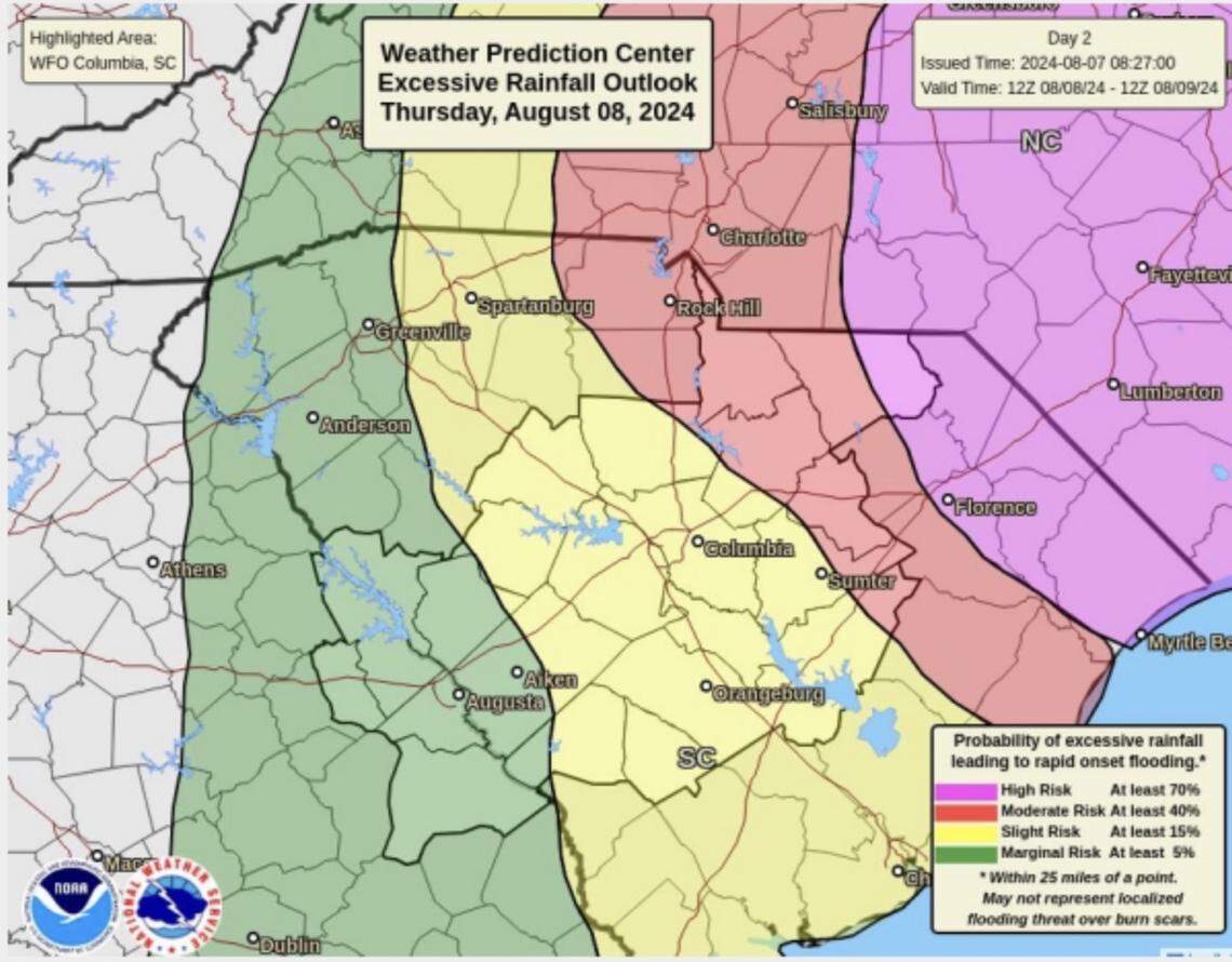 A map that shows areas around Columbia at risk of flooding from Tropical Storm Debby on Thursday.