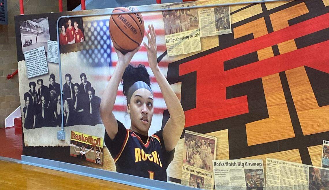 South Carolina women’s basketball player Brea Beal pictured on a mural at her high school in Rock Island, Illinois.