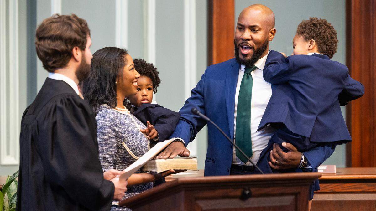 Columbia City Council member Tyler Bailey takes the oath of office during the inauguration of new members on Wednesday, January 3, 2023.