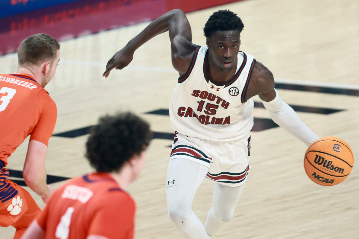 South Carolina Guard Morris Ugusuk (15) plays Clemson at Colonial Life Arena on Tuesday, December 17, 2024.