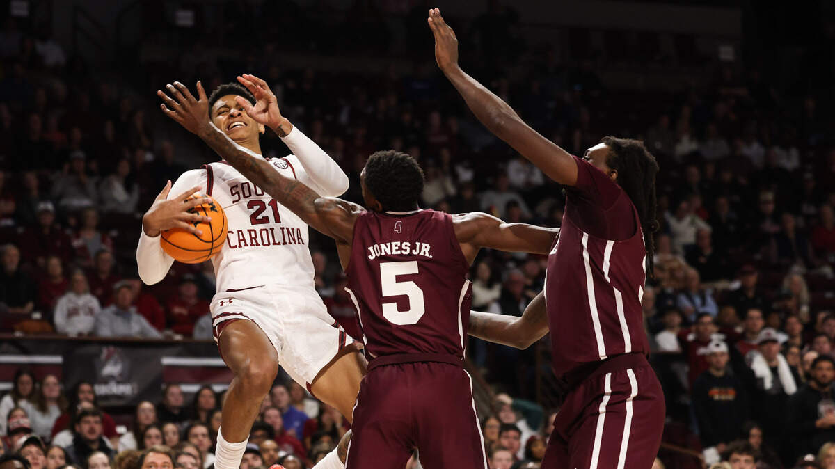 South Carolina guard Arden Conyers (left) is defended by Mississippi State guard Shawn Jones Jr. (center) and forward KeShawn Murphy during first half of the Gamecocks’ game against Mississippi State at Colonial Life Arena in Columbia on Saturday, January 25, 2025.