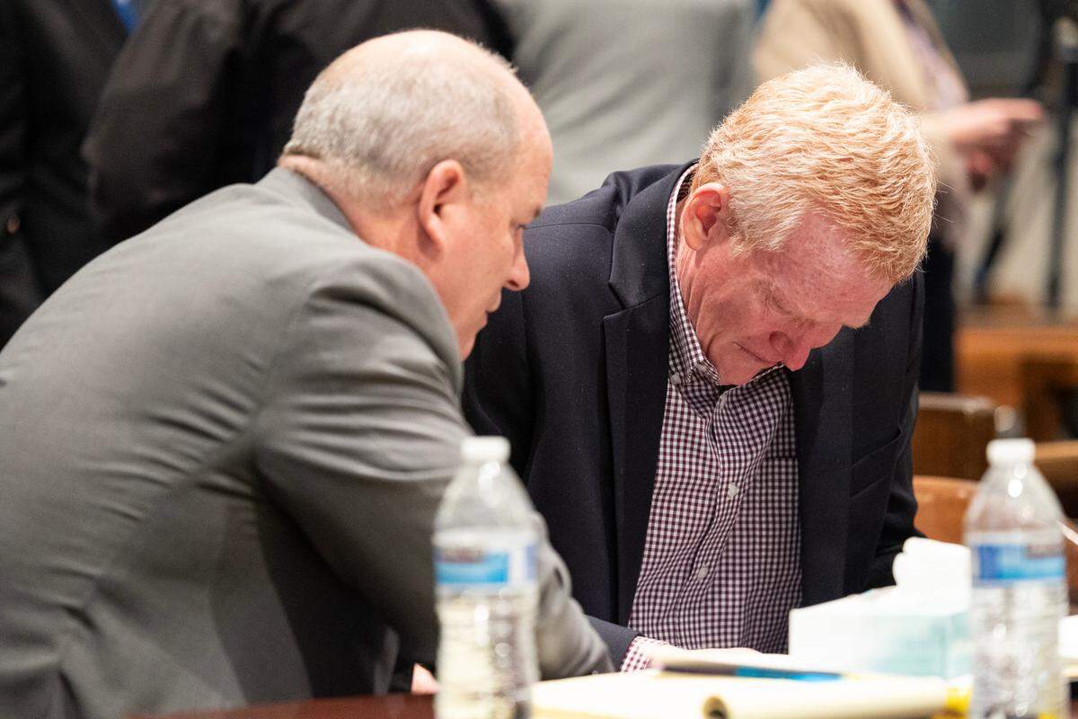 Attorney Jim Griffin speaks with Alex Murdaugh as he cries after the jury is excused and the both sides discuss excluding sensitive images from evidence in his murder trial at the Colleton County Courthouse on Wednesday, January 25, 2023. Joshua Boucher/The State/Pool
