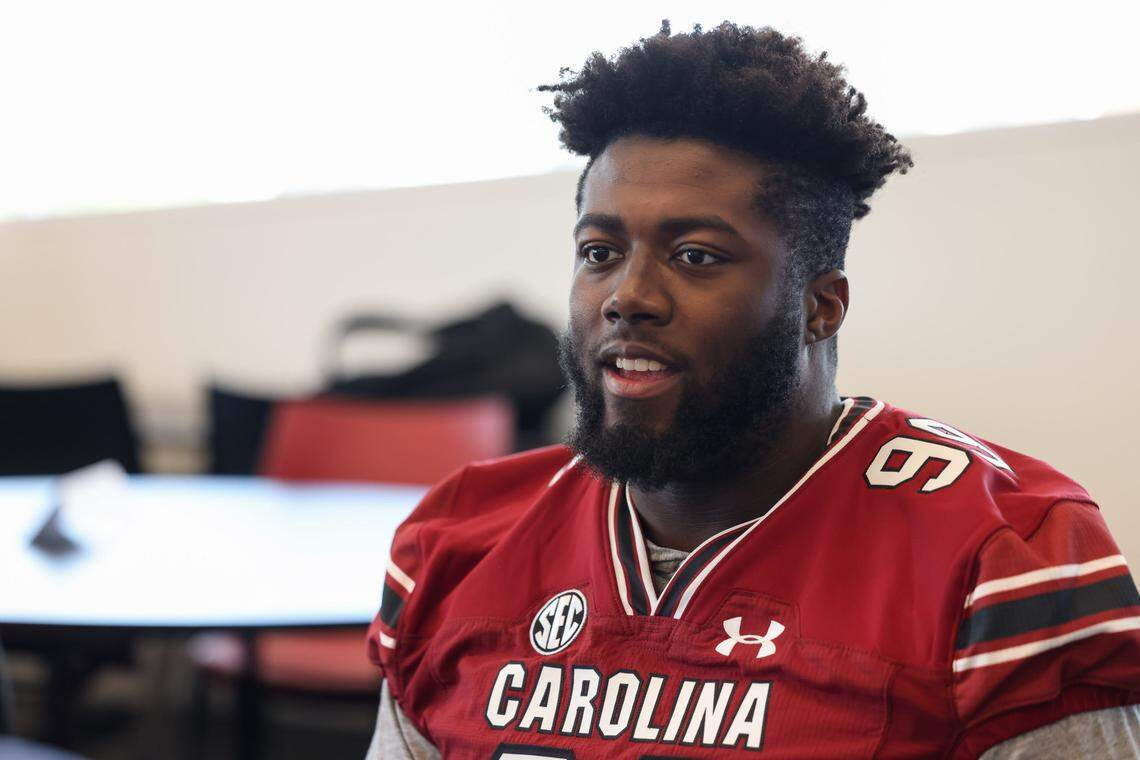 South Carolina transfer Gabriel Brownlow-Dindy is interviewed at the Long Family Football Operations Center in Columbia on Wednesday, March 5, 2025.
