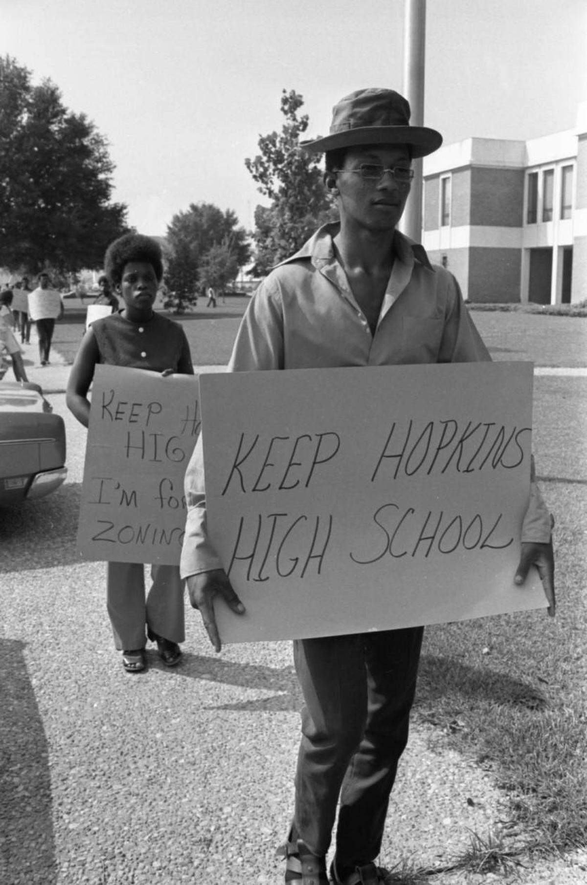 Students protest the closing of Hopkins High School outside Richland County School District One’s Waverley Administration Building on Aug. 8, 1971. Hopkins, formerly a high school serving Black students, reopened in the 1971-72 school year as a middle school for both Black and white students. Former Hopkins High School students will attend Lower Richland High School.