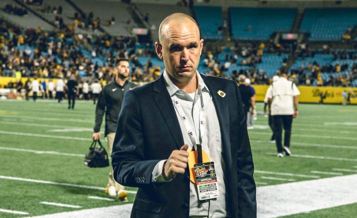 Miller Yoho walks off the field after the Duke’s Mayo Classic game between Appalachian State and East Carolina on Sept. 2, 2021.