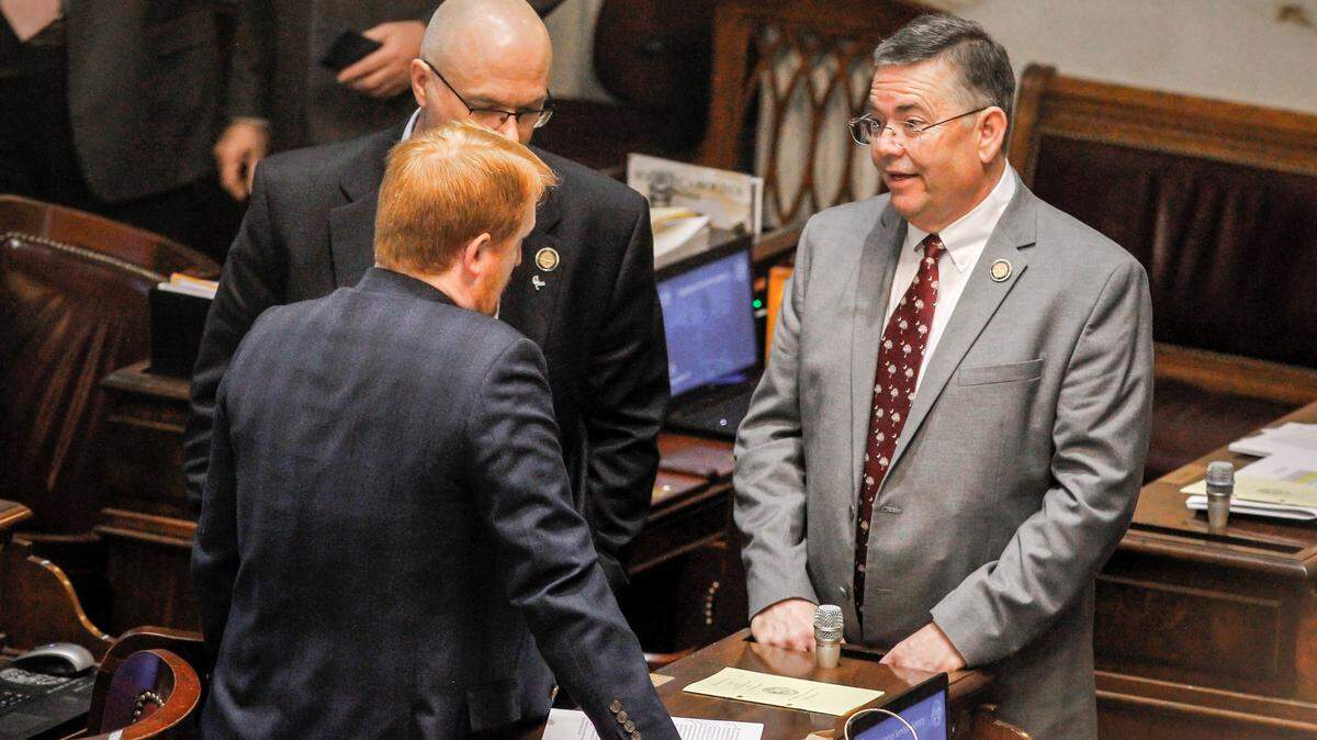 From left, Rep. Josiah Magnuson, Rep. Rob Harris and Rep. John McCravy during a House of Representatives session in Columbia, S.C. on Tuesday, March 14, 2023. (Travis Bell/STATEHOUSE CAROLINA)