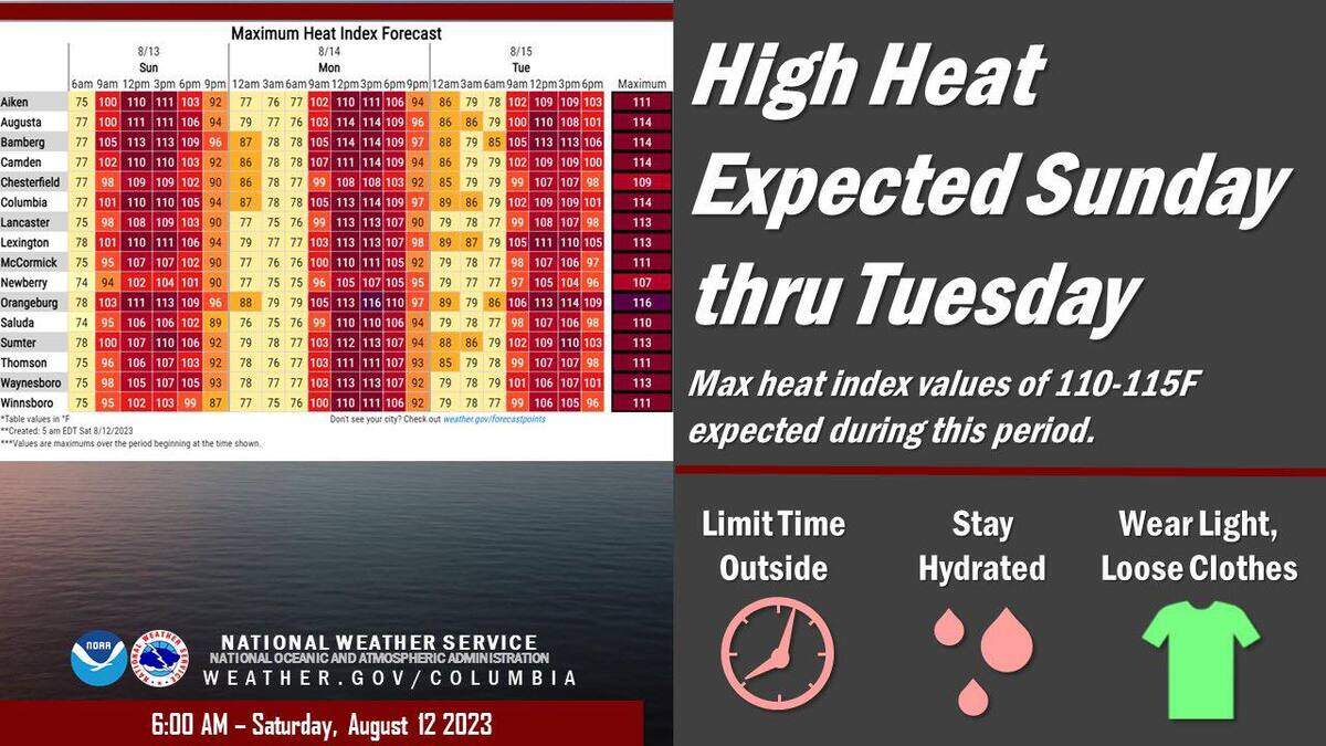 A chart showing projected heat indexes for areas of South Carolina.