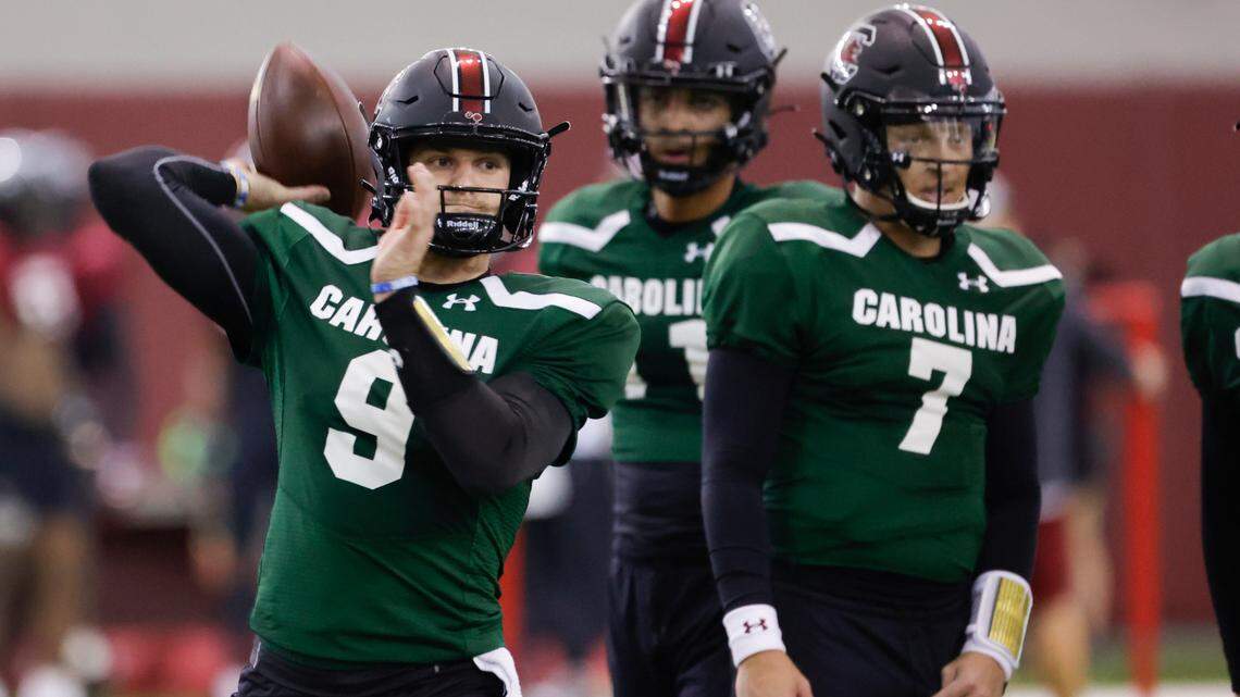 Luke Doty (9), left and Spencer Rather (7) run drills while preparing for theTaxSlayer Gator Bowl at the Jerri and Steve Spurrier indoor practice facility on Thursday Dec. 15, 2022.