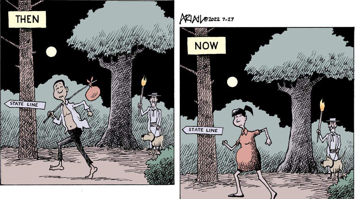 Robert Ariail editorial cartoon: State lawmakers are on the hunt for women seeking abortion just like they use to be for others trying to get out.