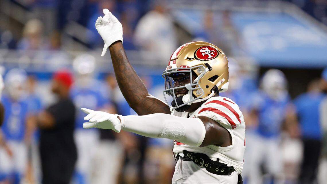 San Francisco 49ers wide receiver Deebo Samuel (19) during warms up against the Detroit Lions during an NFL football game, Sunday, Sept. 12, 2021, in Detroit.