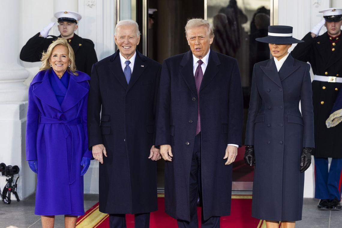 President Joe Biden and First Lady Jill Biden welcome President-elect Donald Trump and his wife Melania Trump to the North Portico of the White House on the morning of Trump’s inauguration in Washington, D.C., on Jan. 20, 2025. (Jim Loscalzo/Pool Via Cnp via Zuma Press Wire/TNS)
