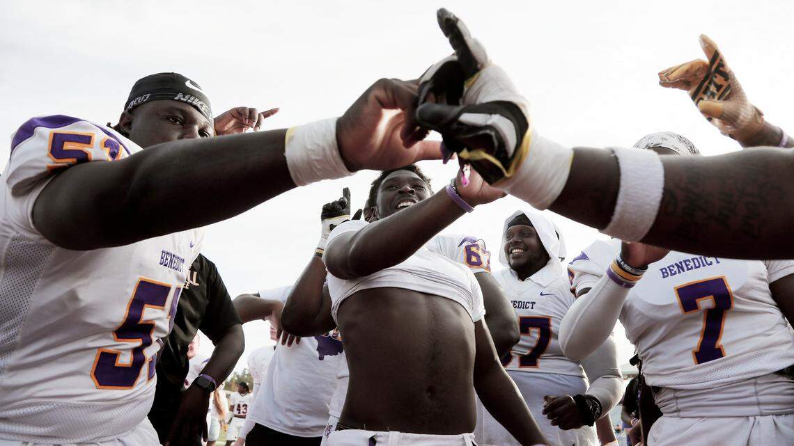 Benedict players celebrate their victory over Allen and the conclusion of an undefeated season on Saturday.