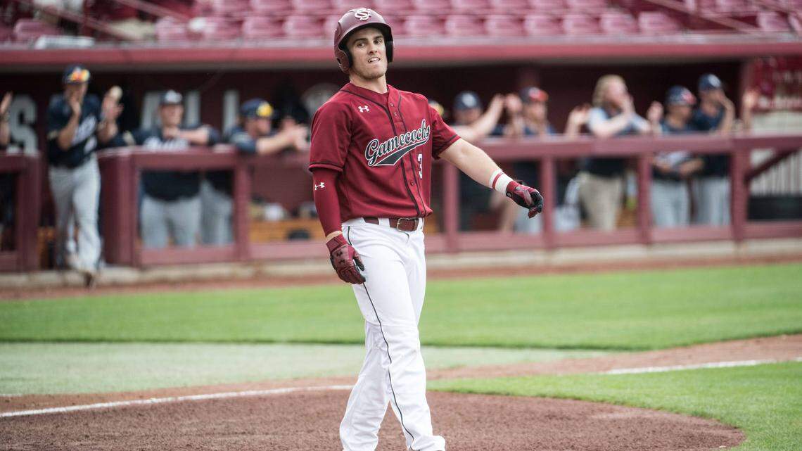 South Carolina second baseman Justin Row reacts after lining out against Charleston Southern at Founders Park Sunday, Feb. 25, 2018, in Columbia, S.C. 