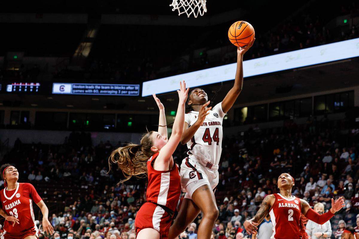 South Carolina’s Saniya Rivers (44) shoots as Alabama’s Hannah Barber (5) pressures during the first half of action on Thursday, Feb. 3, 2022 in the Colonial Life Arena.