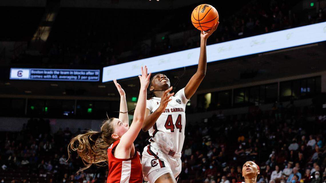 South Carolina’s Saniya Rivers (44) shoots as Alabama’s Hannah Barber (5) pressures during the first half of action on Thursday, Feb. 3, 2022 in the Colonial Life Arena.