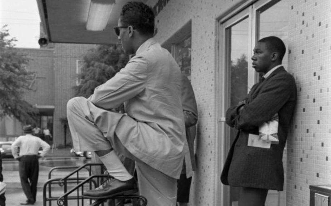 Congress of Racial Equality (CORE) group members B. Elton Cox, left, and Charles Person wait at the Trailways Bus Terminal in Columbia before catching a new bus to Sumter on May 10, 1961, as part of a Freedom Ride demonstration challenging segregation.