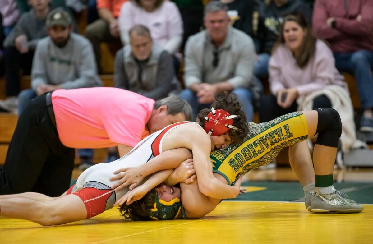 Graham Friesner of the Hammond School pins Benjamin Cole of Ben Lippen during the SCISA 2022 Duals State Wrestling Tournament at Ben Lippen on Saturday, February 5, 2022.