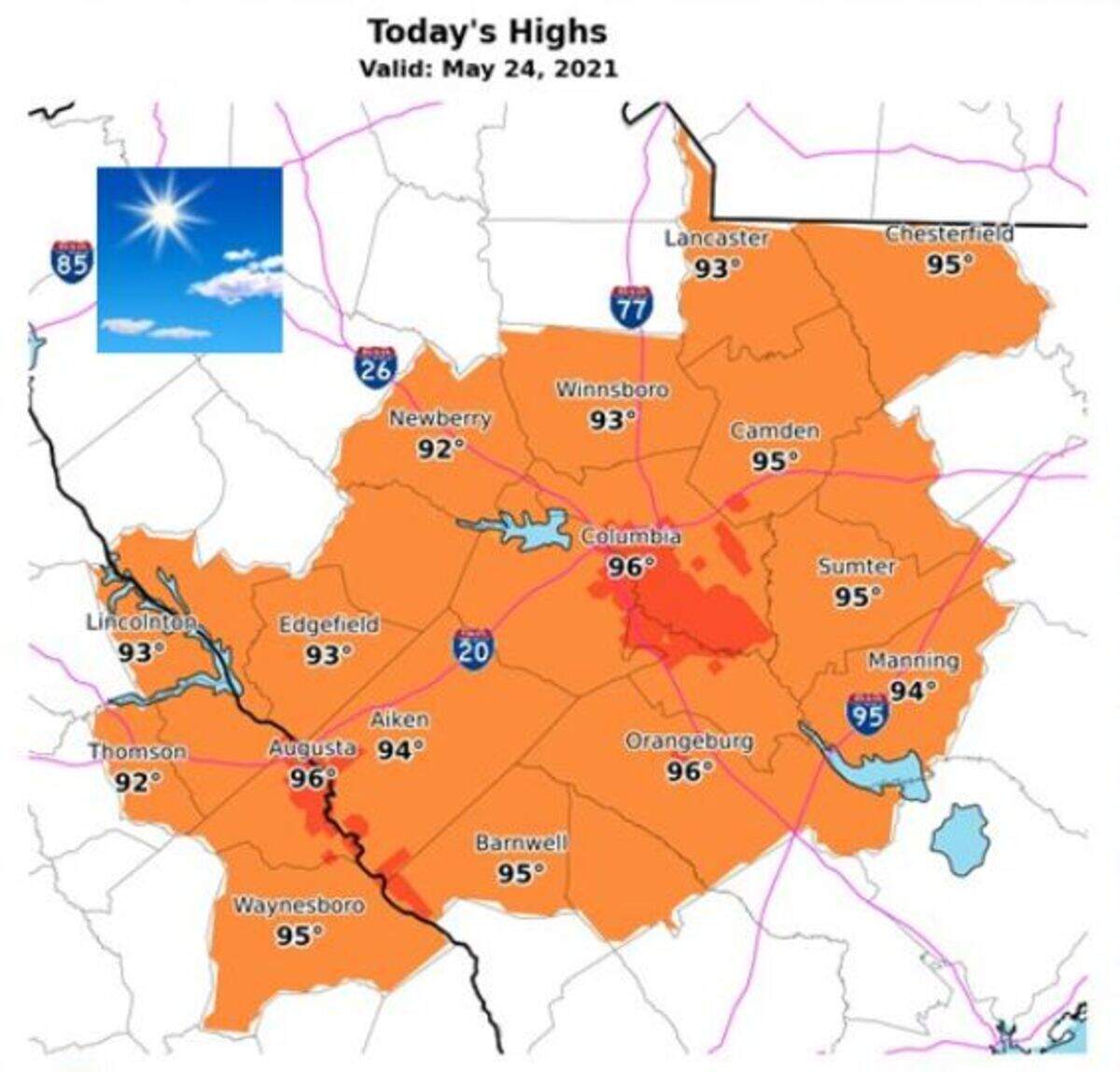 A look at the possible high temperatures in South Carolina, according to the National Weather Service forecast.