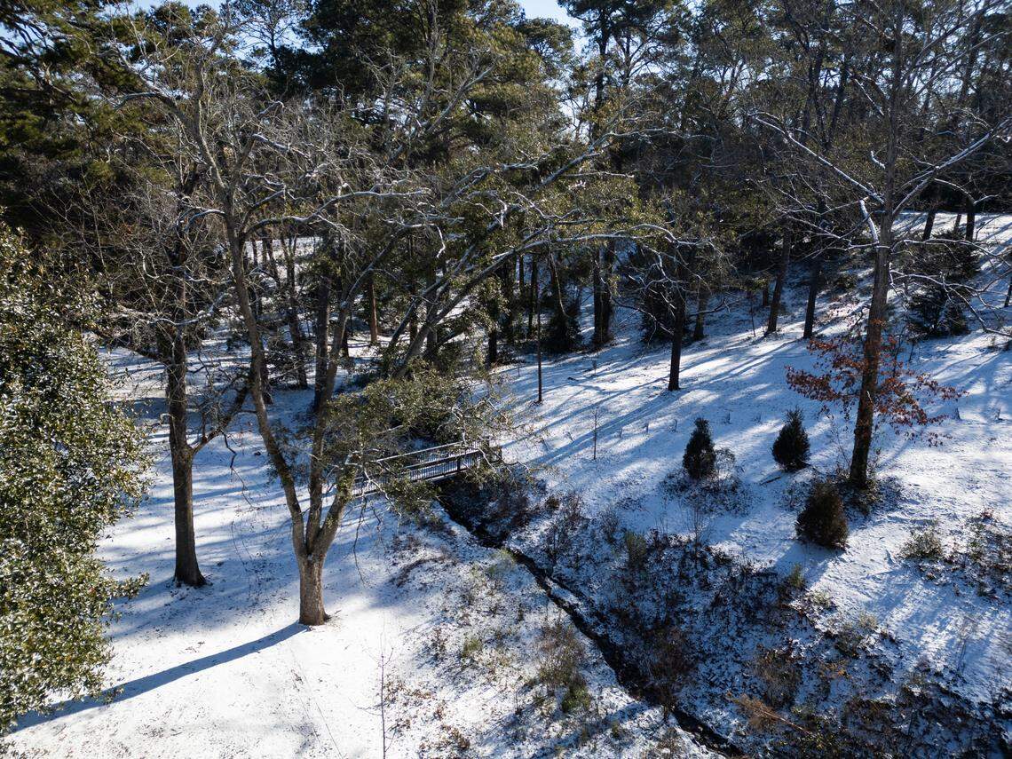 Earlewood Park in Columbia, South Carolina is covered in snow on Wednesday, January 22, 2025.