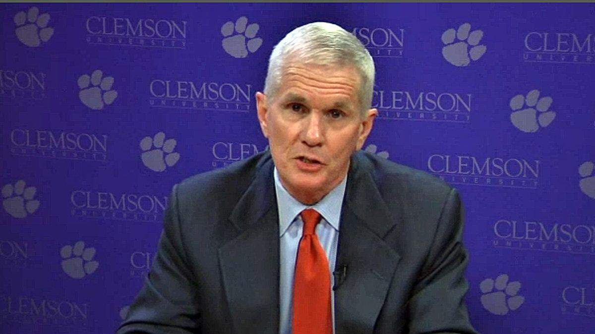 In this image taken from video dated April 15, 2013, Clemson University President James Barker announces his retirement.
